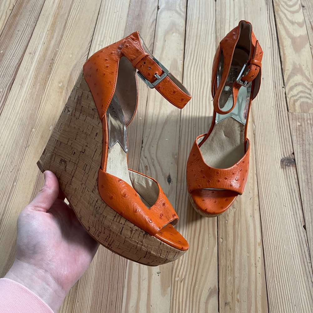 Michael Kors Orange Ostrich Embossed Cork Platform Ariana Wedge Sandals 8M y2k - Picture 1 of 7
